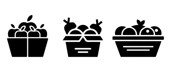 Fruit Basket Icon Set. Fruit Basket Icon Symbols in Black Silhouette Style.
