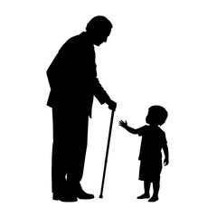 Elderly man with cane reaching for young child in silhouette  