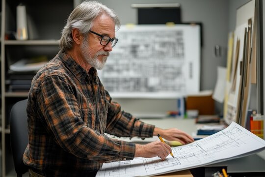 Architect working in an office, reviewing building plans and drafting new designs for construction projects, Generative AI - Powered by Adobe