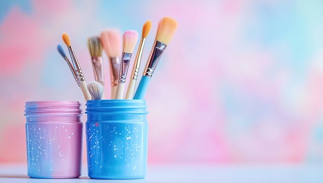 Colorful paintbrushes in small, decorative jars against a pastel backdrop