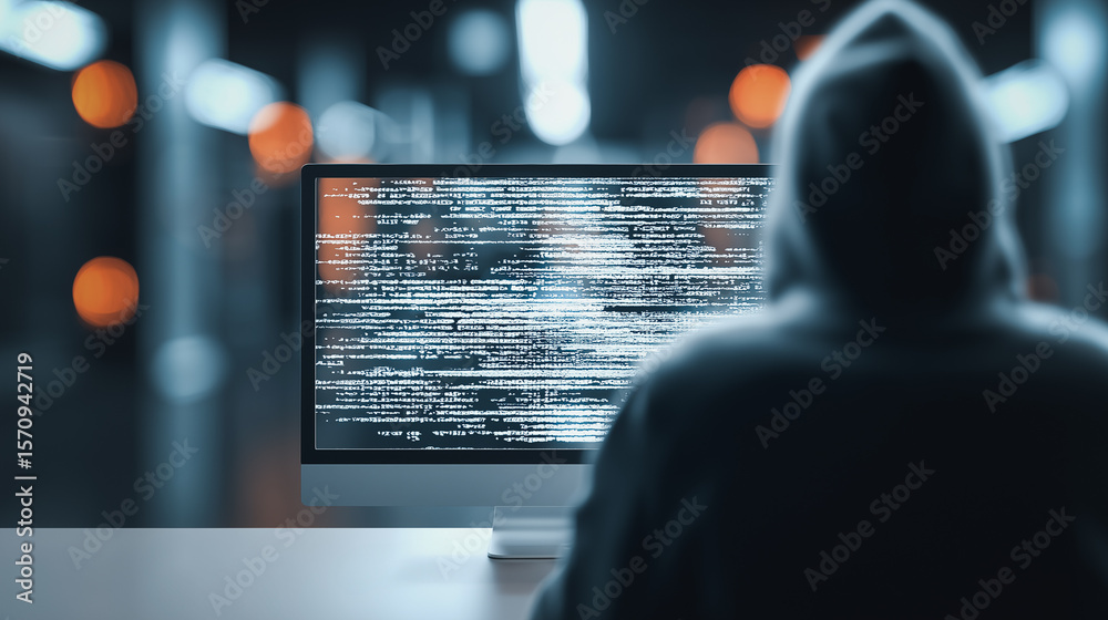 Poster cyber intrusion: a hooded figure intently monitors a computer screen displaying intricate coding, il