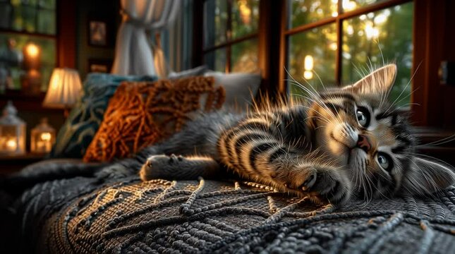 A cozy indoor scene featuring a relaxed tabby cat lounging comfortably on a textured blanket, illuminated by warm sunlight streaming through a window.