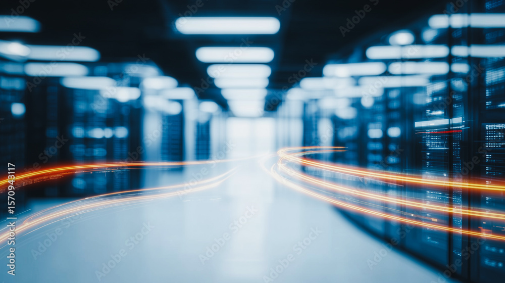 Poster digital data flow: a cutting-edge server room with rows of modern servers with dynamic data stream p