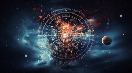 Obraz premium Magic banner for astrology, divination, magic. universe, crescent moon and sun with moon on a blue background. Esoteric illustration, pattern