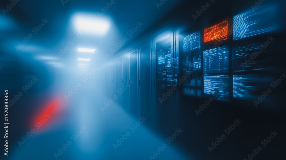 Poster data center corridor: deep blue light illuminates a long corridor in a modern data center, filled wi