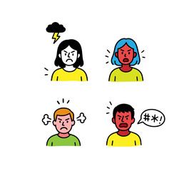 Doodle agry face person set.