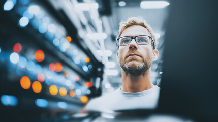 Server Room Insight: A focused data center worker with beard wearing glasses inspects rows of blinking servers, showcasing the complexity and human element of digital infrastructure.