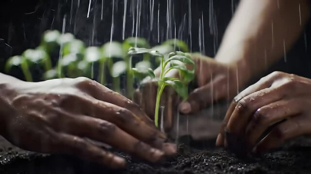 Hands Gently Planting Seedling in Wet Soil on Dark Background Symbolizing New Growth