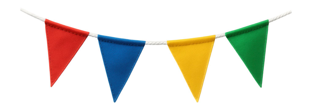 Small triangular flags made of brightly colored fabric, strung along a cord for decorating a child's birthday party in a private house.