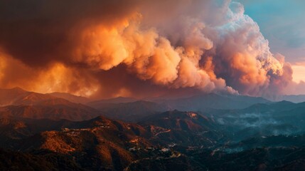 Fototapeta premium A panoramic view of a scorched landscape with wildfires raging in the distance, smoke billowing into the sky, showcasing the increasing frequency of extreme weather events