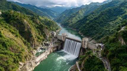 A panoramic shot of a hydroelectric dam, highlighting its massive structure, with water flowing powerfully from the turbines and lush vegetation surrounding it