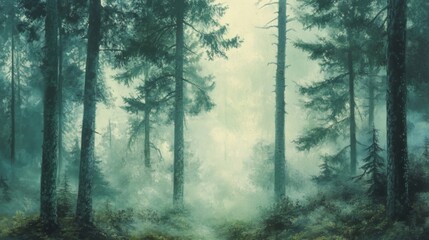 Obraz premium Forest with fog-covered coniferous trees