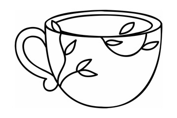 Black line art of a cup with leaves coffee cup tea cup
