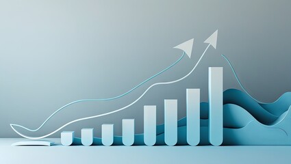 blue upward growth graph on a business chart showcasing data and performance metrics, set against a financial presentation backdrop. The abstract arrow symbolizes finance and marketing 