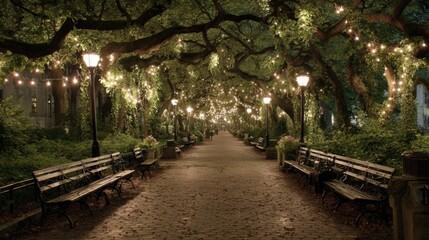 A picturesque scene of a park pathway lit by soft lanterns, with trees and benches along the sides, inviting visitors to take a stroll under the stars