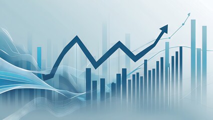 blue upward growth graph on a business chart showcasing data and performance metrics, set against a financial presentation backdrop. The abstract arrow symbolizes finance and marketing 