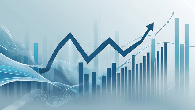 blue upward growth graph on a business chart showcasing data and performance metrics, set against a financial presentation backdrop. The abstract arrow symbolizes finance and marketing 