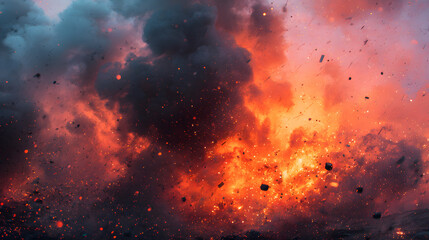 Abstract background with fire particles and sparks, smoke, debris and noise after natural disaster, catastrophe or bomb explosion. War, military operation concept. Backdrop for design war game