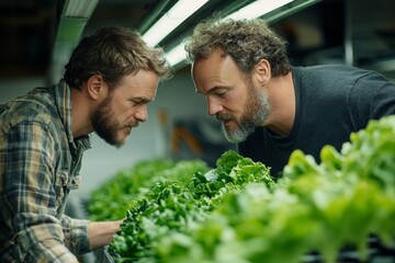 Farm owner discussing with a worker and checking the growth of lettuce in a hydroponic greenhouse, ensuring optimal conditions for crops, Generative AI