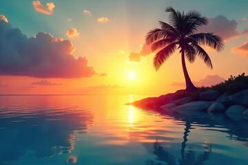 Silhouetted Palm Tree at Sunset Minimalist Tropical Scene Reflecting in Calm Ocean Water, Perfect for Travel and Vacation Themes