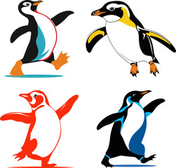Obraz premium Set of walking penguins in different cartoon and minimalistic drawing styles on white background