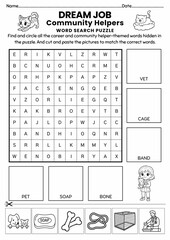 Dream Job & Community Helpers Word Search Puzzle for Kids, Cut and Paste Activity, Printable Vocabulary Game, Fun Educational Worksheet, Back to school