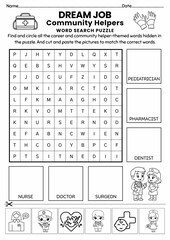 Dream Job & Community Helpers Word Search Puzzle for Kids, Cut and Paste Activity, Printable Vocabulary Game, Fun Educational Worksheet, Back to school