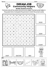 Dream Job & Community Helpers Word Search Puzzle for Kids, Cut and Paste Activity, Printable Vocabulary Game, Fun Educational Worksheet, Back to school