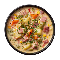 Hearty ham and potato soup in a bowl on transparent background