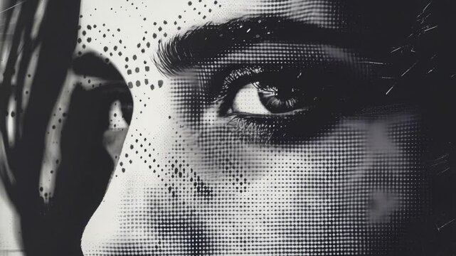 A close-up shot of a woman's face in monochrome, with a neutral expression