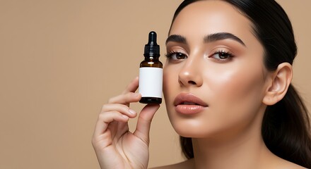 Close-up of a beautiful woman holding a dark glass dropper bottle with a blank white label against a neutral beige background.