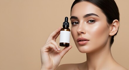 Young woman with flawless skin holds a dark amber bottle of facial serum, showcasing beauty and skincare.