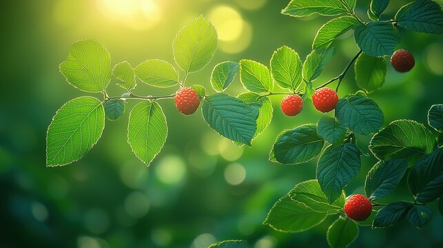 Backlit Raspberry Branches with Red Berries and Glossy Green Leaves - Powered by Adobe