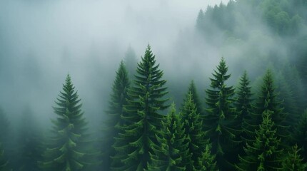 Misty conifer forest in the morning with fog rolling over evergreen trees - Powered by Adobe