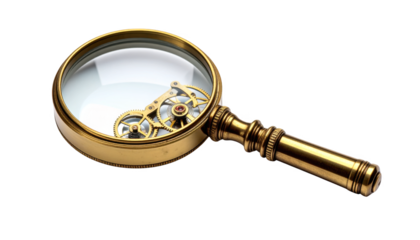 Detailed brass magnifying glass gears isolated on transparent background