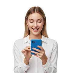 Smiling woman using smartphone isolated on transparent background