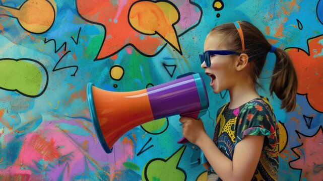 Young girl holding a megaphone in front of vibrant graffiti art on a city wall