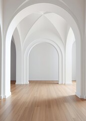 Fototapeta premium Large white archway with a wooden floor the archway is empty and the floor is bare Empty room interior design architecture blank design room
