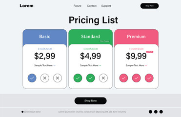 Pricing List Displaying Subscription Tiers and Price Plans