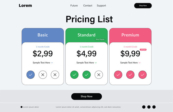 Pricing List Displaying Subscription Tiers and Price Plans