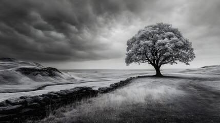 Black-and-white silhouette of a solitary tree standing proudly on a hilly landscape beneath stormy skies