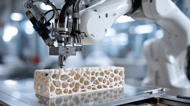 A robotic arm 3D printing an object from sustainable mycelium material.