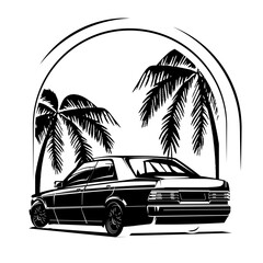 Black and white logo for a car company. Black and white print on a T-shirt. Retro car. Vector layout