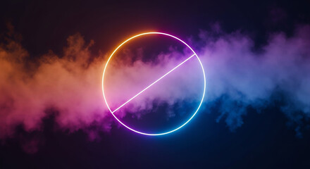 A neon circle with a line through it surrounded by colorful smoke on a dark background in a studio shot