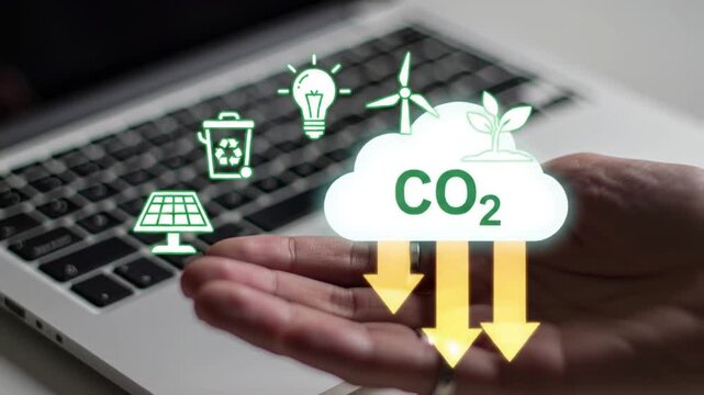 Co2 Cloud Graphic Hand Presentation with Renewable Energy Icons on Laptop Against Light Background Emphasizing