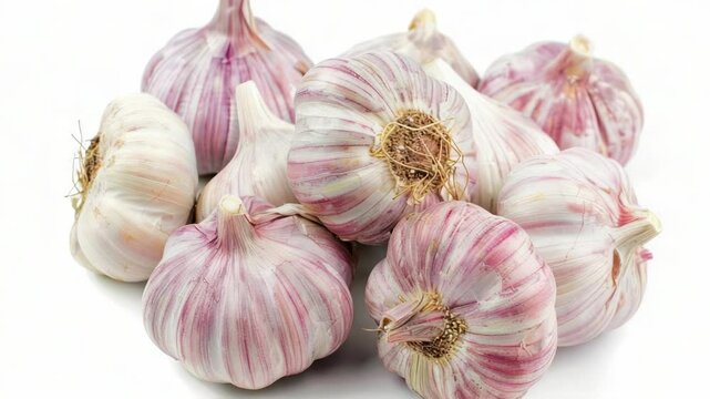 Fresh garlic bulbs arranged on a clean white surface