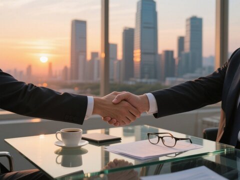 In a business scene, two people shake hands against the backdrop of the city skyline and sunset glow, symbolizing the conclusion of a cooperation and conveying a professional and trusting atmosphere.