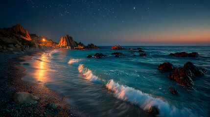 Calm night beach scene softly illuminated under a clear starry sky, waves gently lapping at the shore