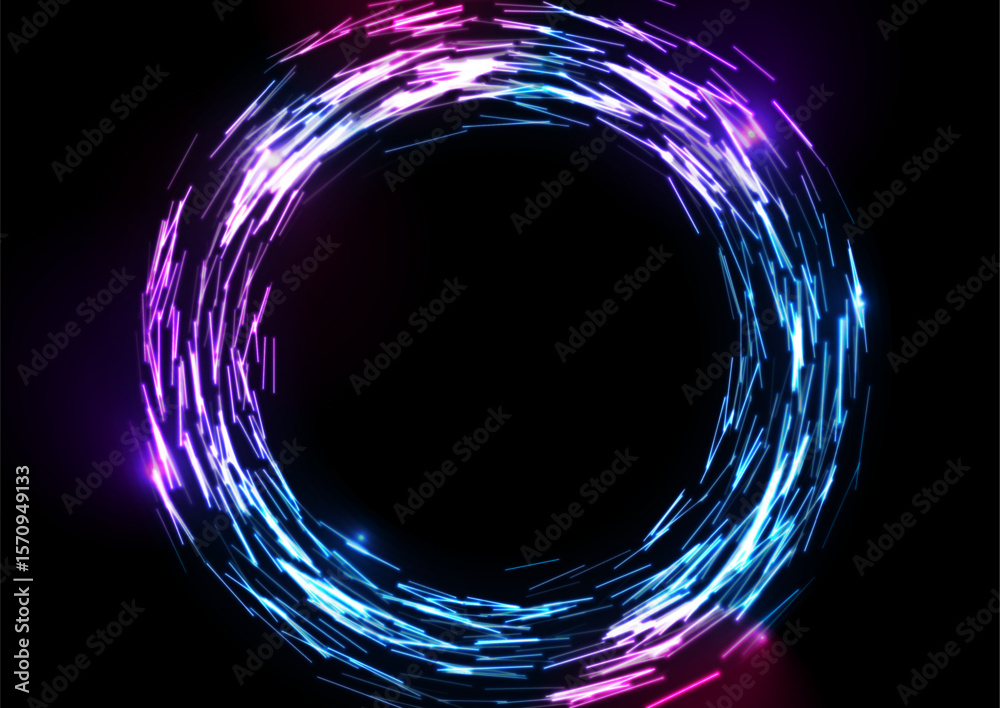 Poster Abstract blue ultraviolet tech glowing neon ring background with glitch effect. Vector futuristic retro design