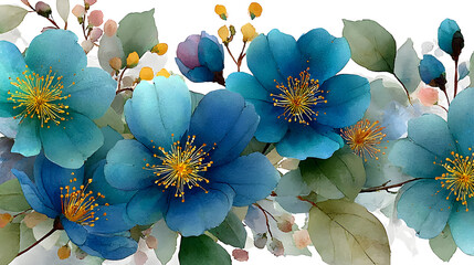 Elegant abstract floral pattern with soft blue flowers in a gentle watercolor style against white background
